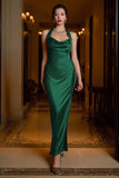Dark Green Halter Neck Satin Sheath Long Formal Dress