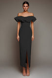 Black Off the Shoulder Sheath Long Formal Dress with Slit