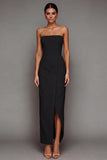 Yellow Satin Strapless Sheath Maxi Formal Dress with Slit