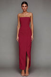 Yellow Satin Strapless Sheath Maxi Formal Dress with Slit