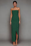 Yellow Satin Strapless Sheath Maxi Formal Dress with Slit