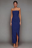 Yellow Satin Strapless Sheath Maxi Formal Dress with Slit