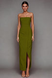 Yellow Satin Strapless Sheath Maxi Formal Dress with Slit