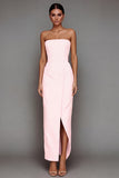 Yellow Satin Strapless Sheath Maxi Formal Dress with Slit