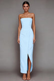 Yellow Satin Strapless Sheath Maxi Formal Dress with Slit