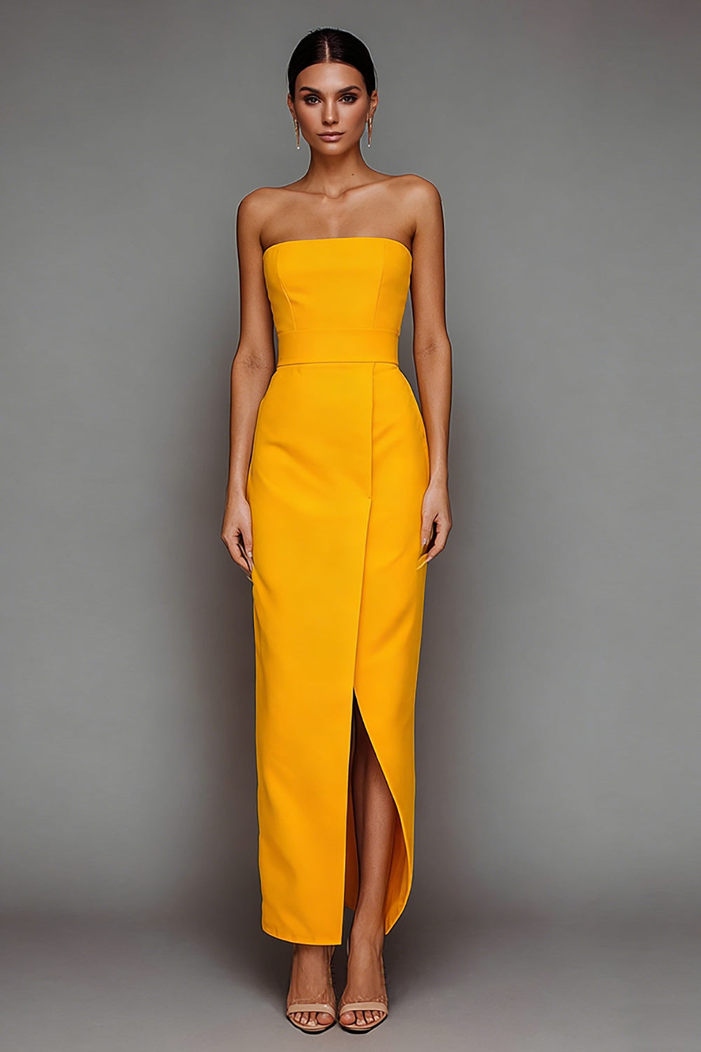 Leely Women Yellow Satin Maxi Formal Dress with Slit Sheath Strapless