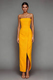 Yellow Satin Strapless Sheath Maxi Formal Dress with Slit