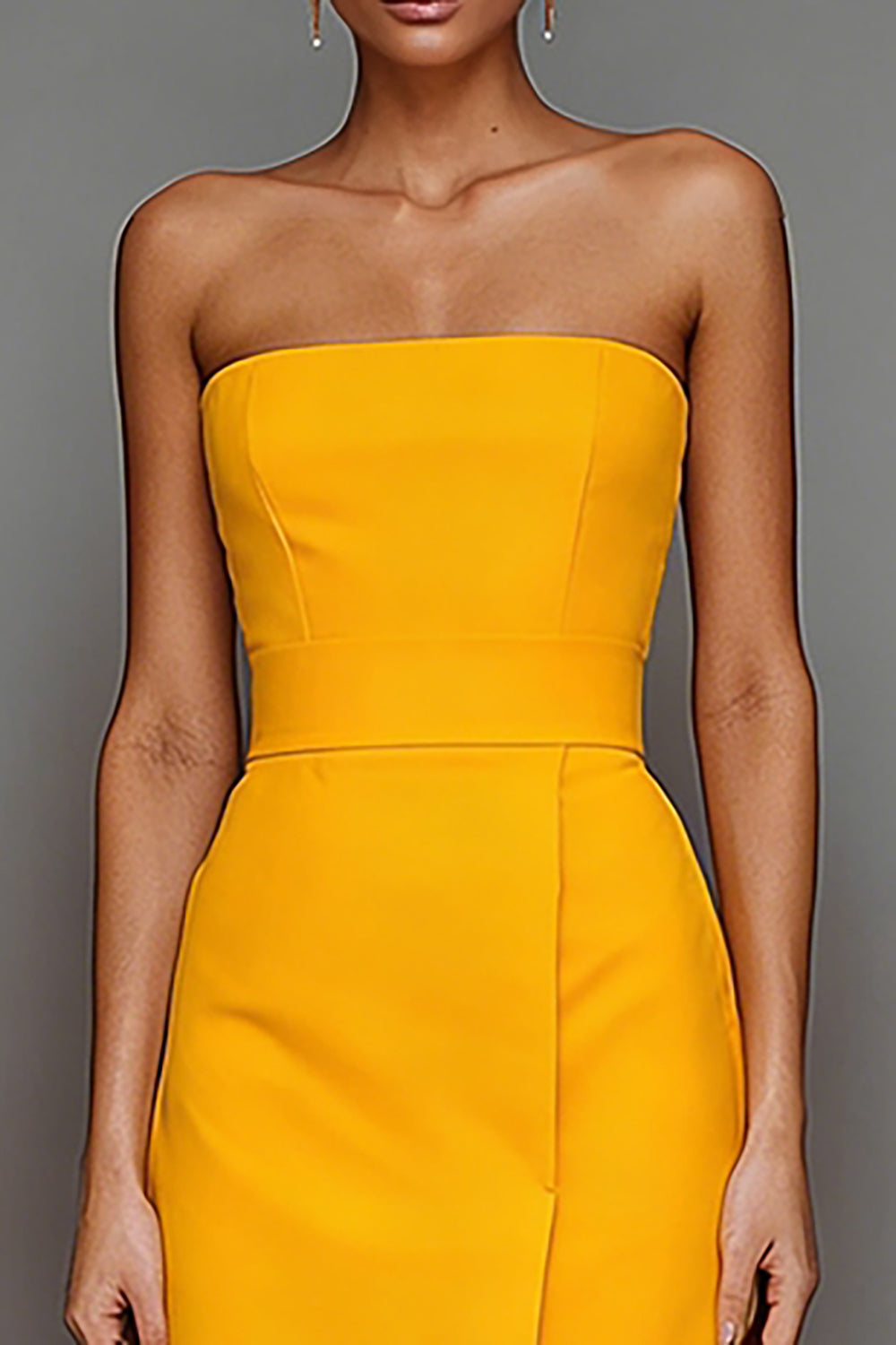 Leely Women Yellow Satin Maxi Formal Dress with Slit Sheath Strapless