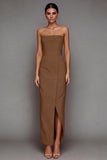 Yellow Satin Strapless Sheath Maxi Formal Dress with Slit