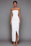 Yellow Satin Strapless Sheath Maxi Formal Dress with Slit