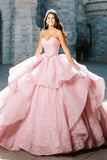 Sparkly Pink Glitter Ball Gown Ruffled Long Quinceanera Dress with Beading