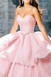 Sparkly Pink Glitter Ball Gown Ruffled Long Quinceanera Dress with Beading
