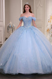 Sparkly Ball Gown Princess Sky Blue Beaded Long Quinceanera Dress