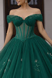 Sparkly Dark Green Ball Gown Tulle Appliqued Long Corset Quinceanera Dress