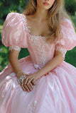 Pink Square Neck Puff Sleeves Ball Gown Long Quinceanera Dress with Lace