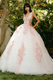 Pink Ball Gown Tulle Long Quinceanera Dress with Lace Applique
