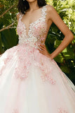 Pink Ball Gown Tulle Long Quinceanera Dress with Lace Applique
