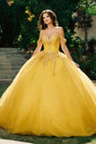 Yellow Ball Gown Tulle Off the Shoulder Long Corset Quinceanera Dress