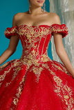 Red Princess Tulle Off the Shoulder Long Quinceanera Dress