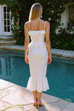 White Mermaid Spaghetti Straps Midi Engagement Dress with Ruffles