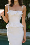 White Mermaid Spaghetti Straps Midi Engagement Dress with Ruffles
