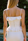 White Mermaid Spaghetti Straps Midi Engagement Dress with Ruffles