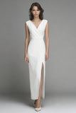 White Sheath V-Neck Long Wedding Reception Dress with Slit