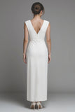 White Sheath V-Neck Long Wedding Reception Dress with Slit