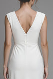 White Sheath V-Neck Long Wedding Reception Dress with Slit