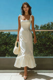 Ivory Square Neck Long Satin Wedding Reception Dress with Ruffles