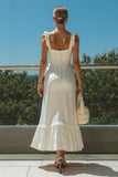 Ivory Square Neck Long Satin Wedding Reception Dress with Ruffles
