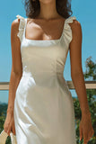 Ivory Square Neck Long Satin Wedding Reception Dress with Ruffles