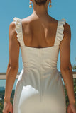 Ivory Square Neck Long Satin Wedding Reception Dress with Ruffles