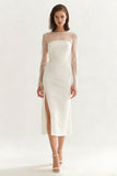 Ivory Satin Illusion Neck Midi Engagement Dress with Slit
