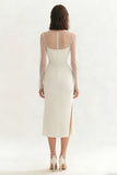 Ivory Satin Illusion Neck Midi Engagement Dress with Slit