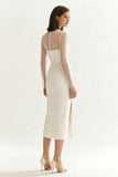 Ivory Satin Illusion Neck Midi Engagement Dress with Slit