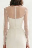 Ivory Satin Illusion Neck Midi Engagement Dress with Slit