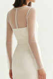 Ivory Satin Illusion Neck Midi Engagement Dress with Slit