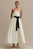 Ivory A Line Strapless Satin Long Elegant Engagement Dress with Bow