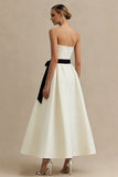 Ivory A Line Strapless Satin Long Elegant Engagement Dress with Bow