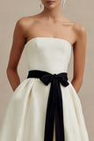 Ivory A Line Strapless Satin Long Elegant Engagement Dress with Bow