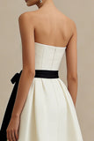 Ivory A Line Strapless Satin Long Elegant Engagement Dress with Bow