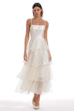 Ivory Tiered Organza Long Engagement Dress with Ruffles