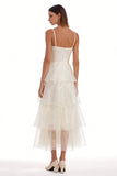 Ivory Tiered Organza Long Engagement Dress with Ruffles