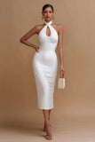 White Cross Halter Bodycon Midi Engagement Dress with Keyhole