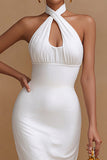 White Cross Halter Bodycon Midi Engagement Dress with Keyhole