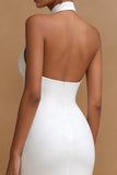 White Cross Halter Bodycon Midi Engagement Dress with Keyhole