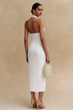 White Halter Neck Bodycon Satin Midi Backless Engagement Dress