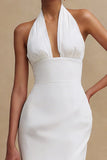 White Halter Neck Bodycon Satin Midi Backless Engagement Dress