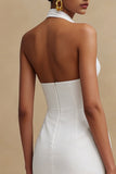 White Halter Neck Bodycon Satin Midi Backless Engagement Dress